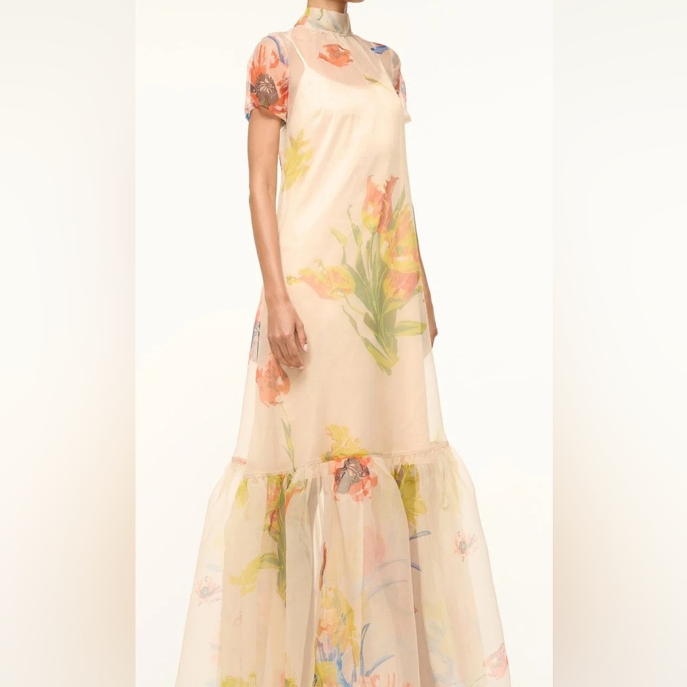 STAUD Cream Flutter Sleeve Tiered Maxi Dress